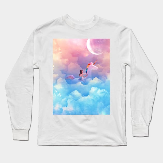 A girl on a unicorn in a pool of clouds Long Sleeve T-Shirt by cupofmars